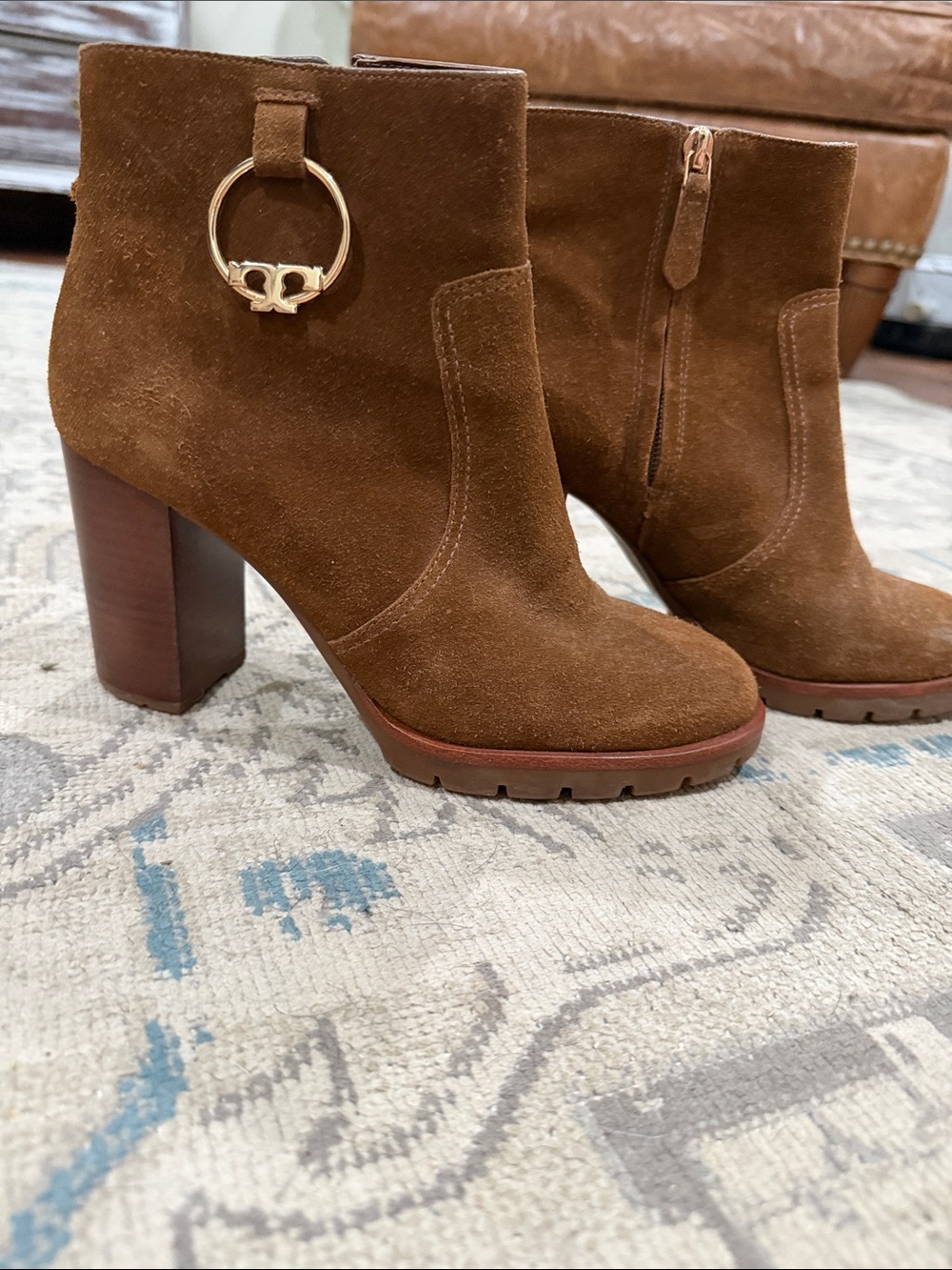Tory Burch Brown Suede Block Heel Ankle Boots with Gold Ring